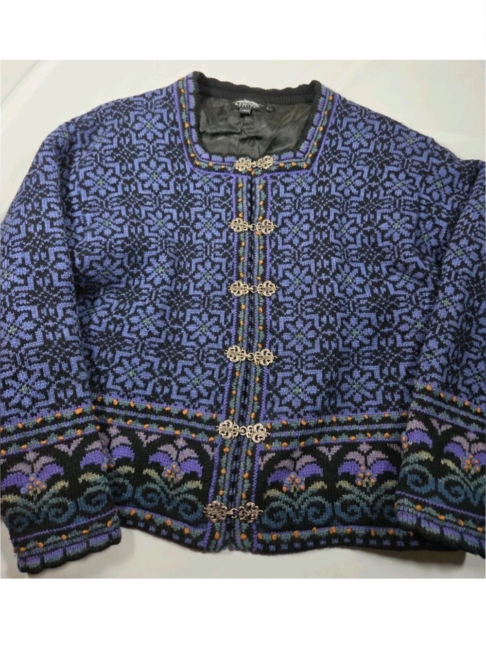 Icelandic Design Cardigan Wool Fair Isle Sweater Ornate Silver Clasps Women's L